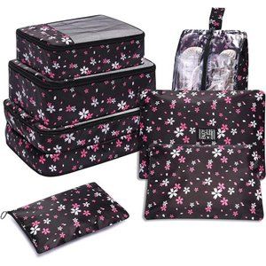 7Pcs Travel Bags Clothes Packing Cube Luggage Organizer (Black Flowers)